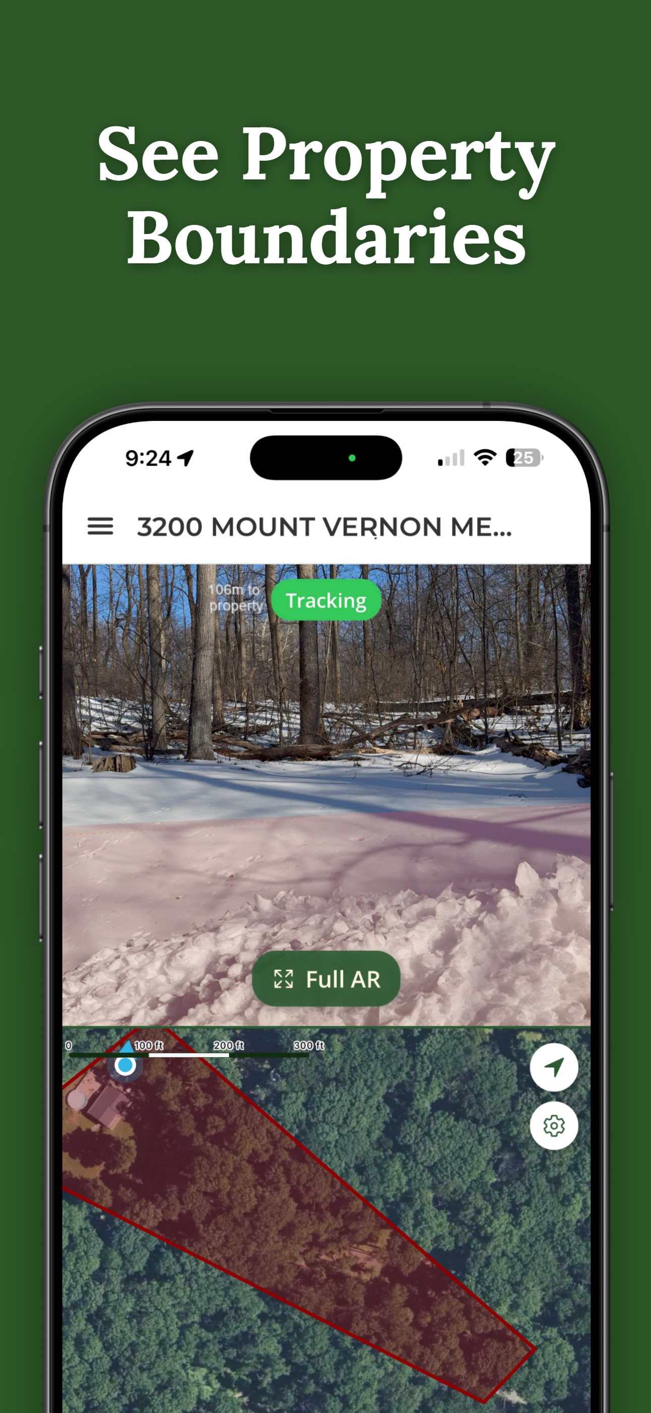 ParcelVision AR view showing property boundary lines overlaid on camera view