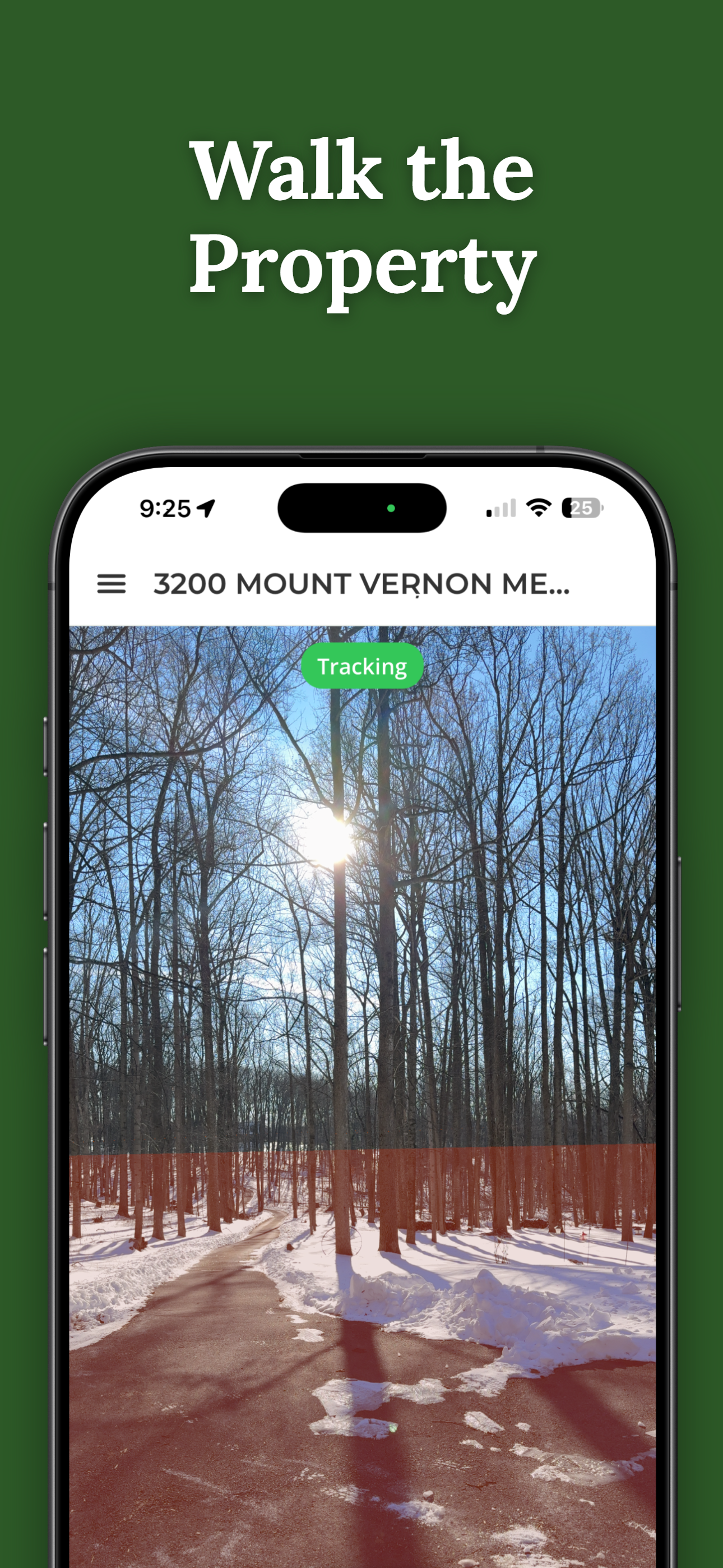 Walking a property with AR boundary tracking through wooded terrain